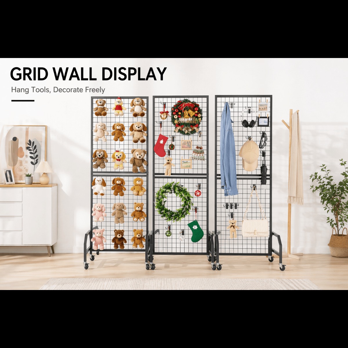 Exhibition Of Art And Craft - Rolbare gridwandpanelen met wielen, zwarte metalen