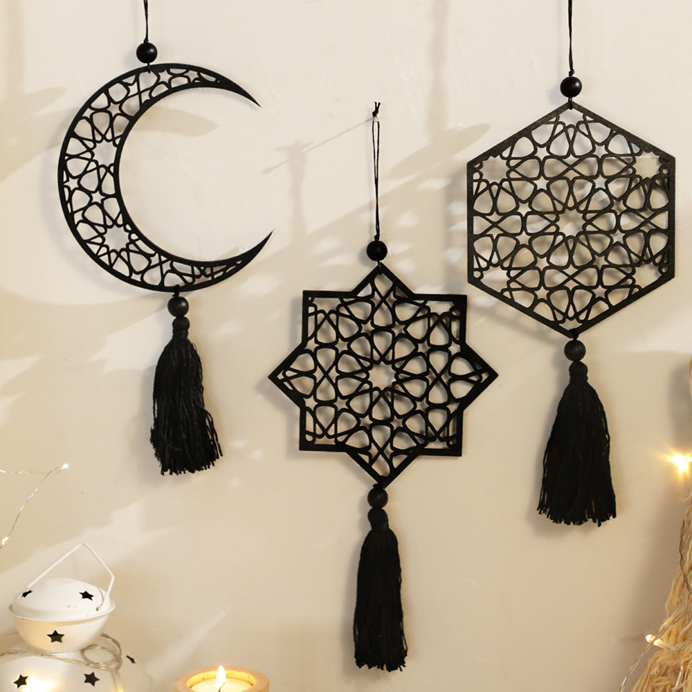 Unique Art Craft - Zwarte ster en maan holle houten